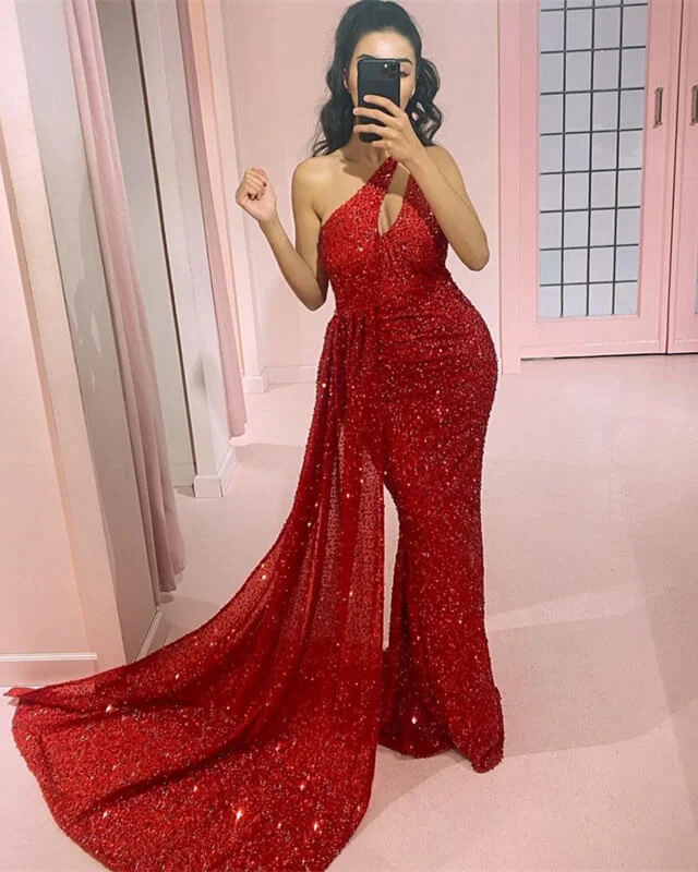 Deal Dash Red Sequin Beaded One Shoulder Dress