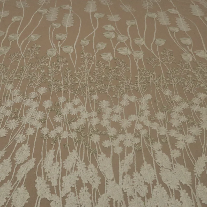 Low Prices White Tulle With Silver Garden Design Embroidered Fabric