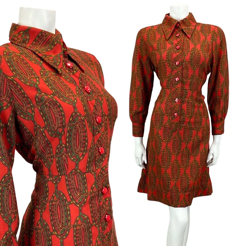 Factory Direct Sale VINTAGE 60S 70S RED GREEN YELLOW PATTERNED DAGGAR COLLAR MINI DRESS 12 14