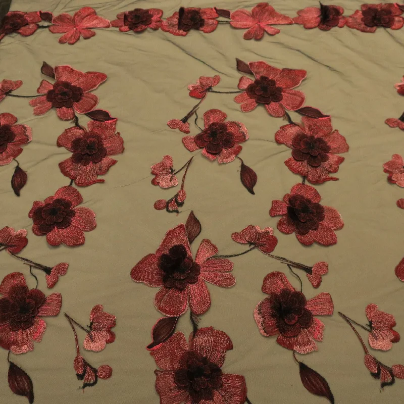 Don't Wait Black Tulle with Wine Red 3D Floral Design Embroidered  Fabric