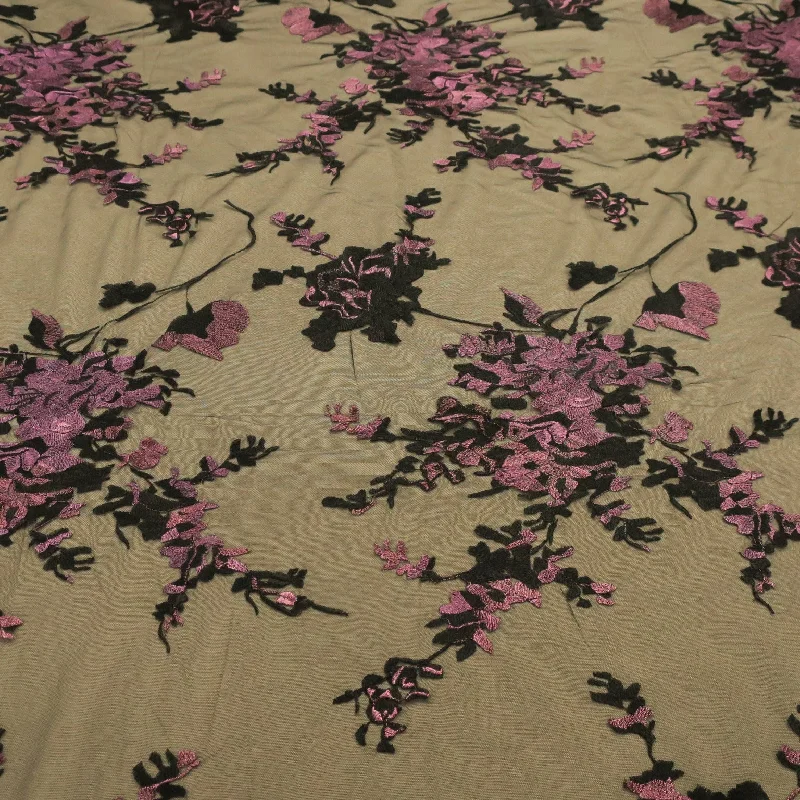 Online Only Black Tulle with Purple Floral Design Embroidered  Fabric