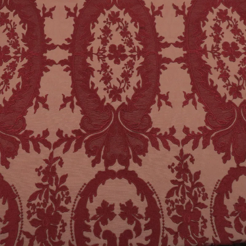 Huge Discounts Burgundy  Tulle with Medallions  Design  Embroidered  Fabric