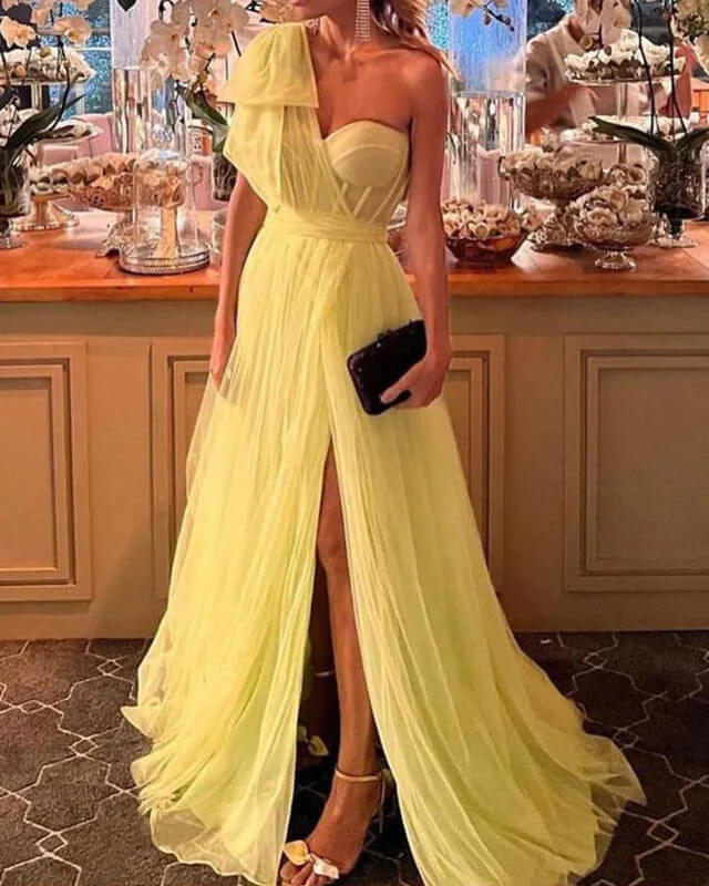 Early Bird Discount Daffodil Tulle Corset One Shoulder Slit Dress