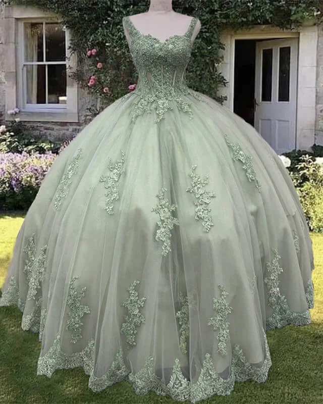 Anniversary Sale Sage Corset Ball Gown Appliques Tulle Dress