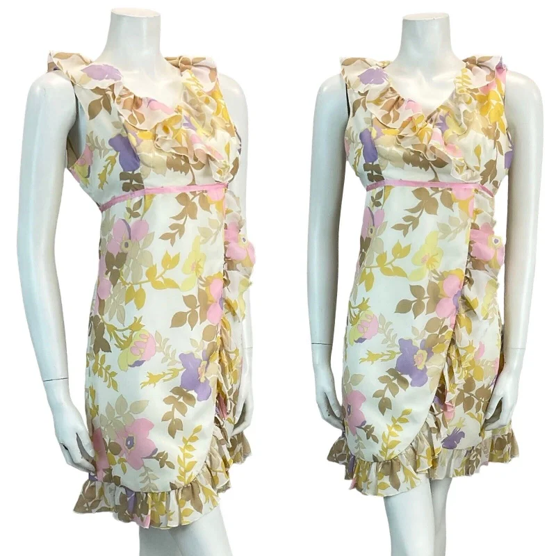 Final Clearance VTG 60S EMPIRE FAUX FLORAL WRAP MINI DRESS 10 12