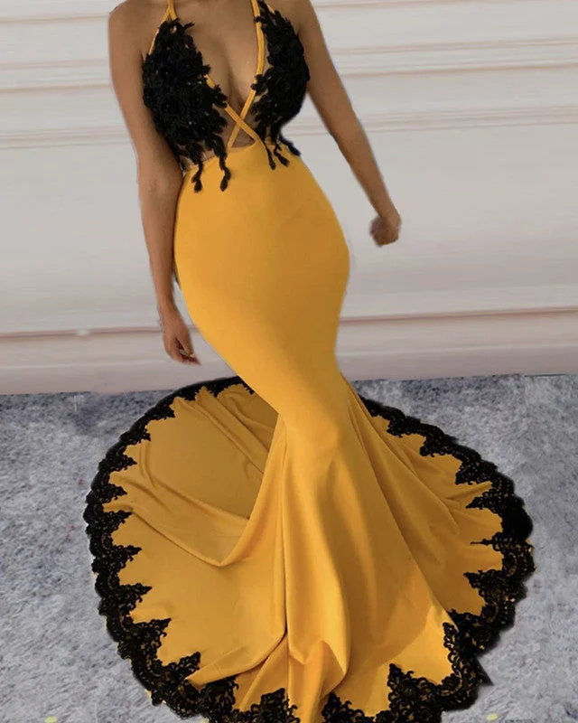 Special Buy Black Lace Mermaid Prom Dresses Halter Neck
