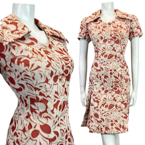 Savings Bonanza VINTAGE 60s 70s CREAM WHITE RED FLORAL PSYCHEDELIC MOD DAGGER COLLAR DRESS 14