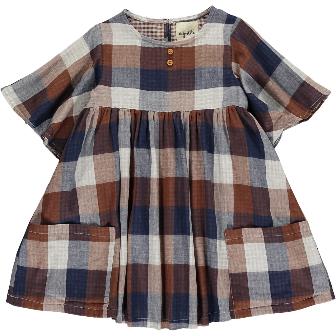 Bonus Savings Korin dress in blue and brown plaid