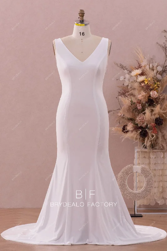 Limited Time Simple Jersey Sleeveless Mermaid Sweep Train Wholesale Bridal Dress
