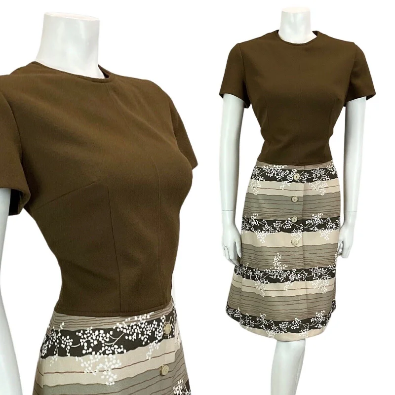 Major Savings VTG 60S 70S BROWN BEIGE TAN STRIPED PRINT BOHO MOD MIDI DRESS 12 14