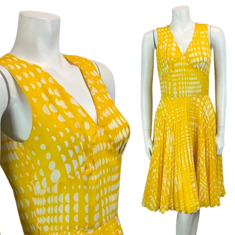 Special Buy VINTAGE 60s 70s YELLOW WHITE POLKA DOT FLOATY PLEATED MIDI DRESS 10