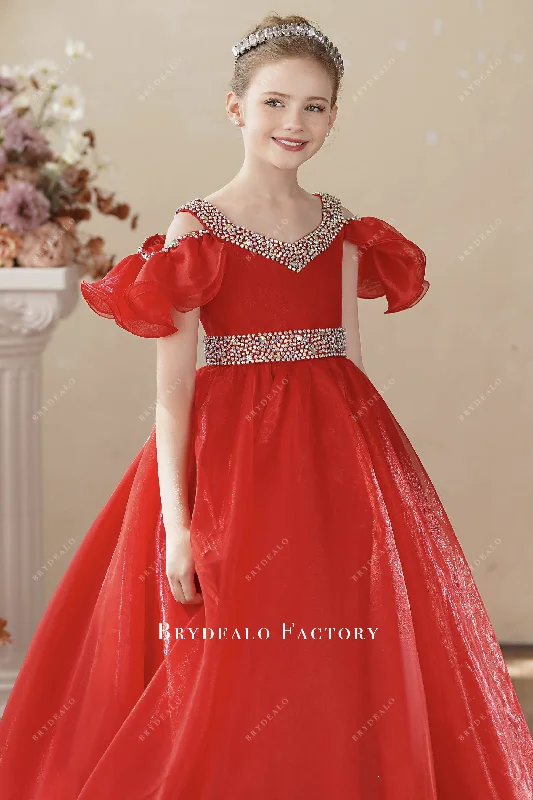 Loyalty Reward Ready To Ship | Red Rhinestone V-neck Cold Shoulder Kids Formal Gown