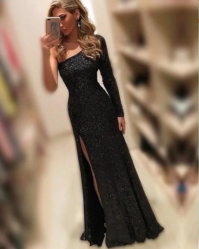 Savings Event Mermaid Sequins Dress One Shoulder Split