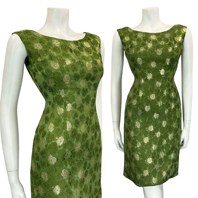 Today’s Special VTG 60S GREEN GOLD BROCADE BOAT NECK SLEEVELESS PARTY WIGGLE MIDI DRESS 8 10