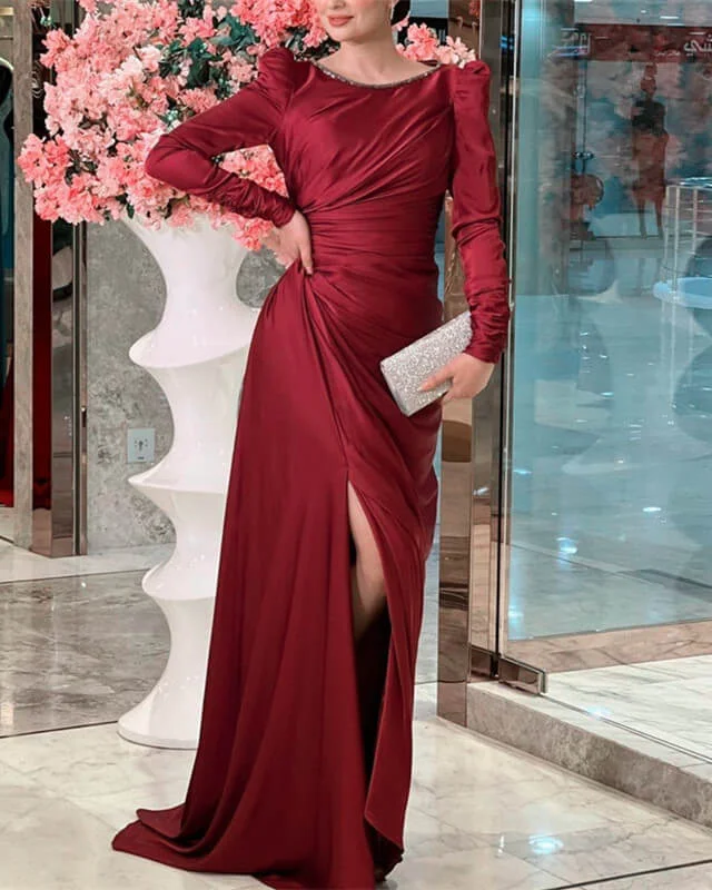 Discount Deals Burgundy Mermaid Satin Long Sleeve Dress