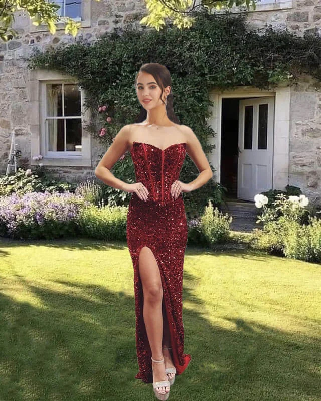 Take Advantage Mermaid Burgundy Sequin Corset Split Dress