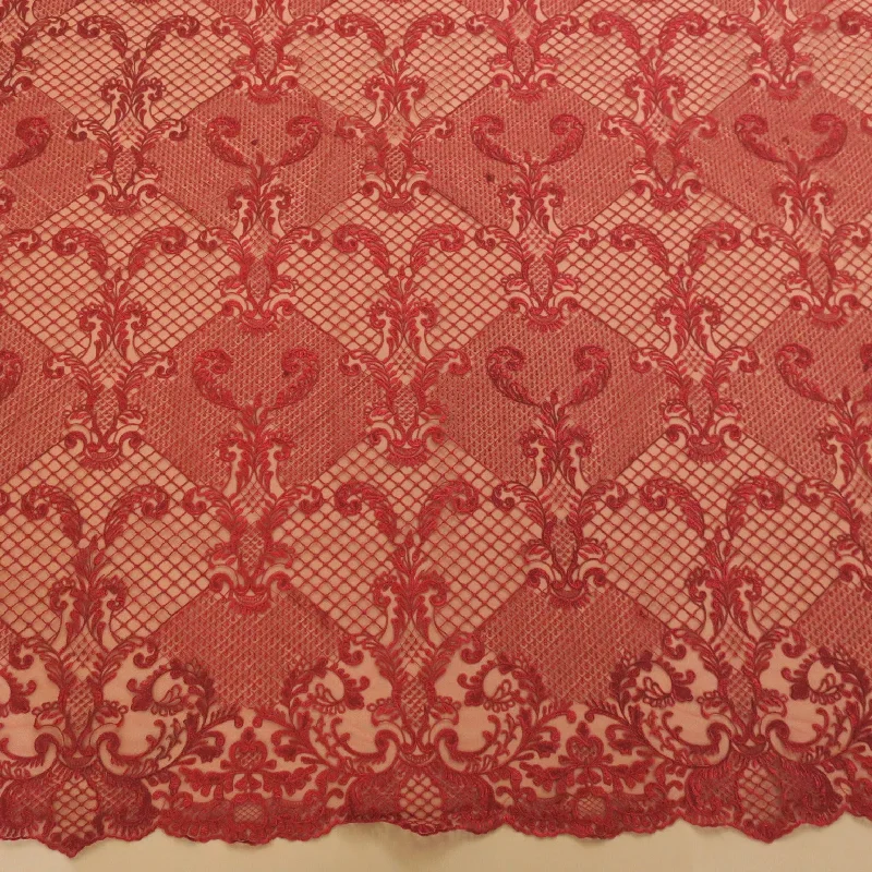 Price Rollback Wine Arabesques Embroidered Tulle Fabric