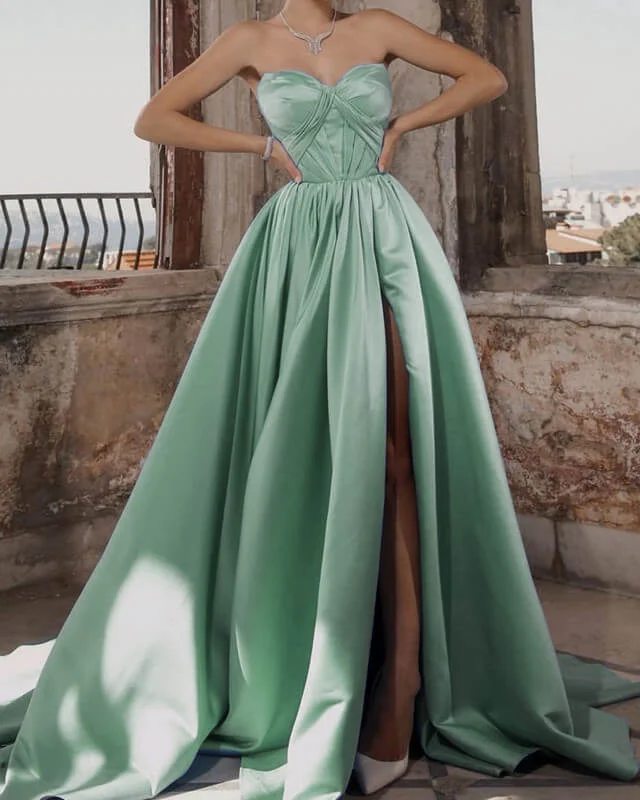 Bargain Bin Long Sweetheart Split Satin Dress