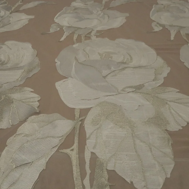 Instant Discount White Tulle With Silver Big Rose  Design Embroidered Fabric