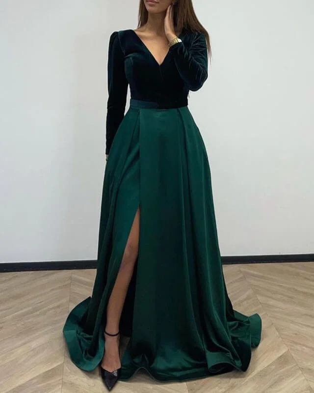 Super Sale Green Velvet Long Sleeve Split Satin Dress
