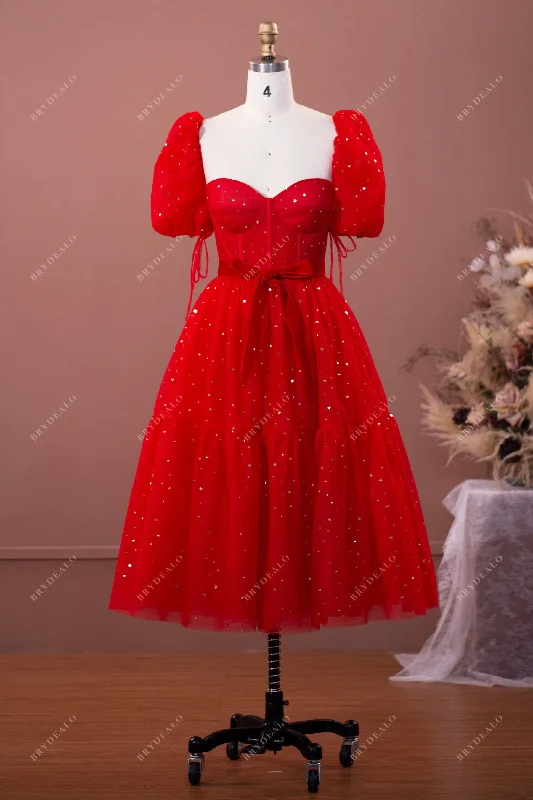Huge Discounts Red Stars Sweetheart Tea Length Formal Dress