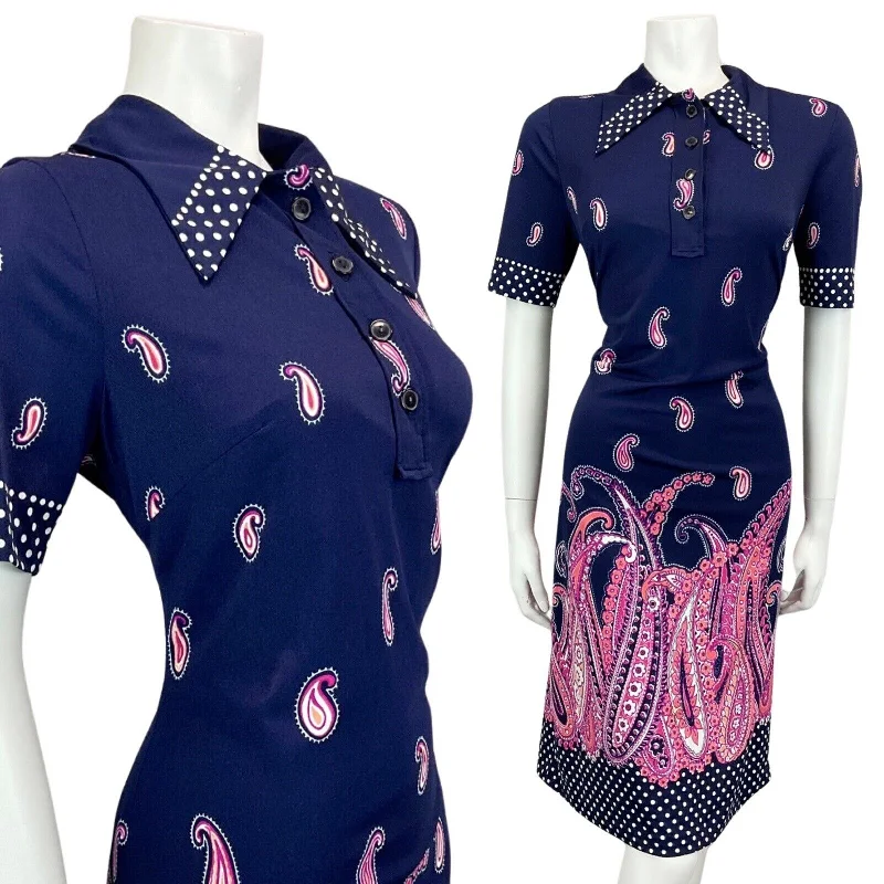 Limited Time VTG 60s 70s NAVY BLUE PINK CORAL PAISLEY PRINT POLKA DOT MIDI MOD DRESS 12 14