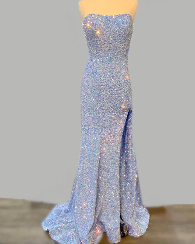 Time-Limited Offer Strapless Mermaid Light Blue Sequin Dress