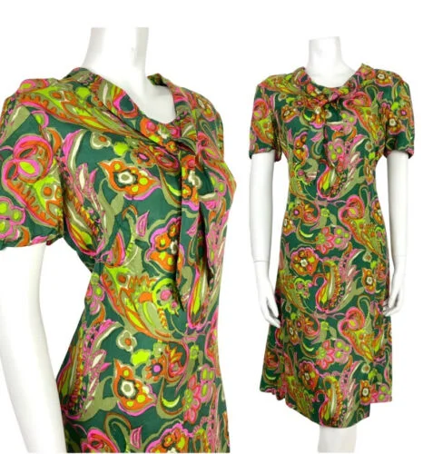 Price Smash VTG 60s 70s LIME GREEN PINK ORANGE SHAWL PSYCHEDELIC FLORAL SHIFT DRESS 12 14