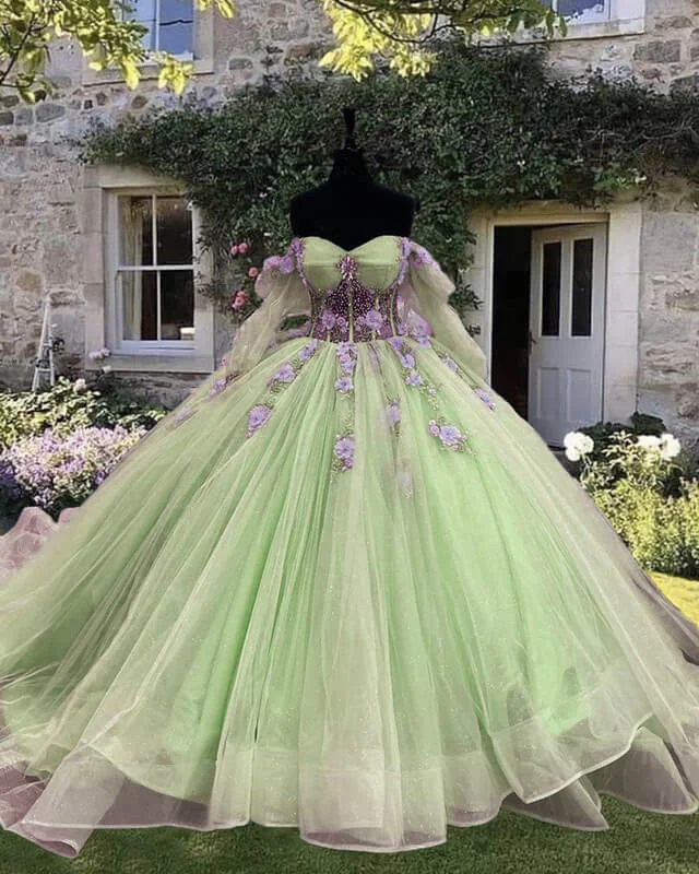 Deal of the Day Sage Long Sleeve Ball Gown Dress With Purple Flowers