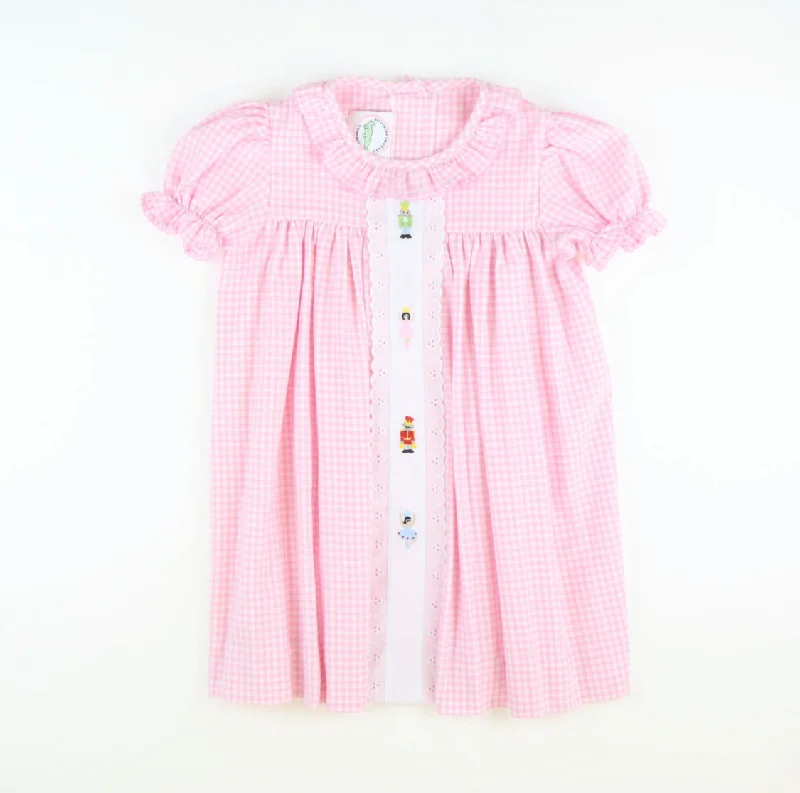 Last Chance Embroidered Nutcracker Ruffle Dress - Light Pink Check Flannel