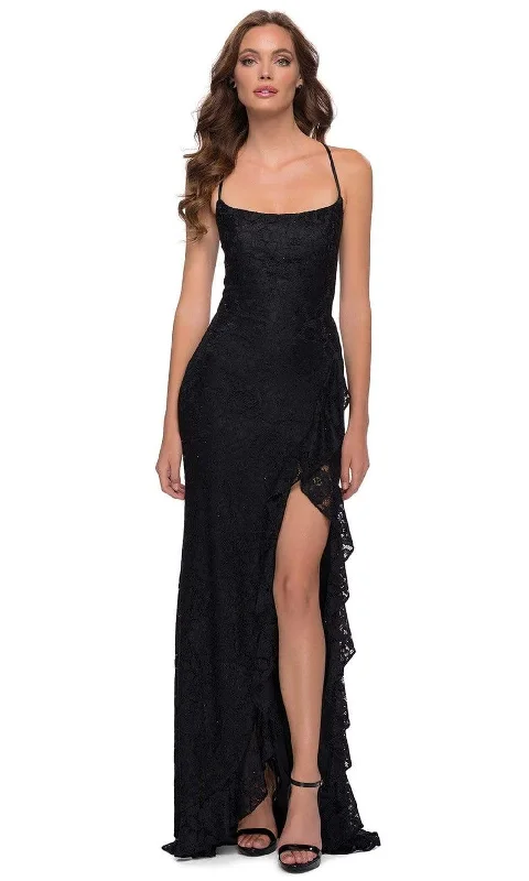 Price Meltdown La Femme - 29650 Crisscross Strapped Open Back Ruffle Slit Lace Gown
