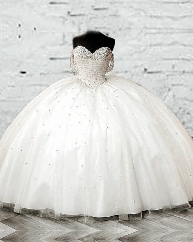 Weekend Deal White Tulle Beaded Sweetheart Ball Gown Dresses