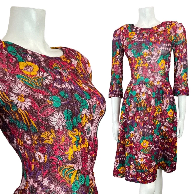 Fantastic Deals VINTAGE 70s 90s PURPLE GREEN YELLOW PSYCHEDELIC FLORAL LUREX SKATER DRESS 8
