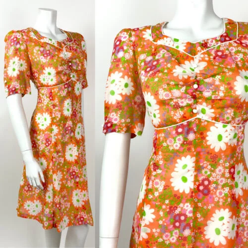 Bargain Blast VINTAGE 60s 70s ORANGE WHITE PINK FLORAL DAISY PSYCHEDELIC SUMMER DRESS 12 14
