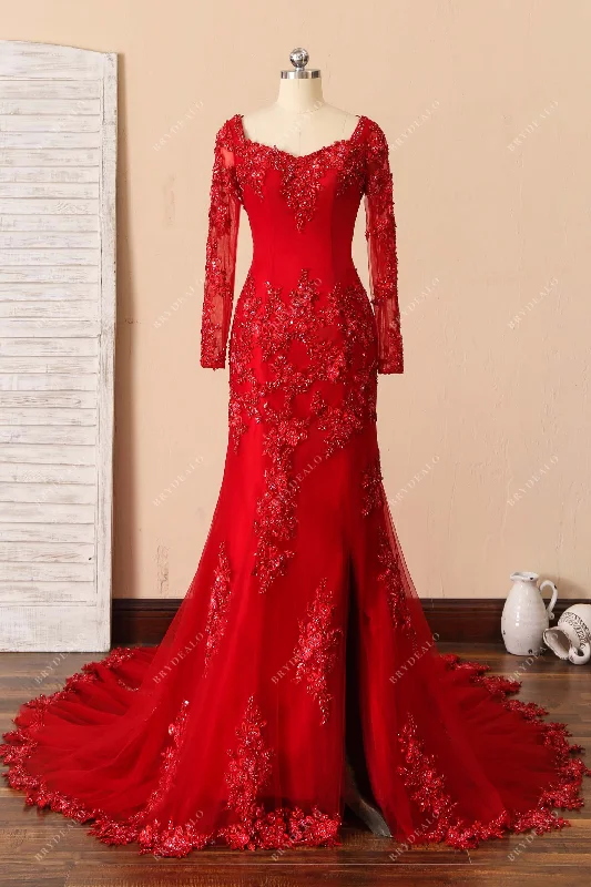 Special Discount Red Beaded Lace Long Sleeve Mermaid Prom Dress