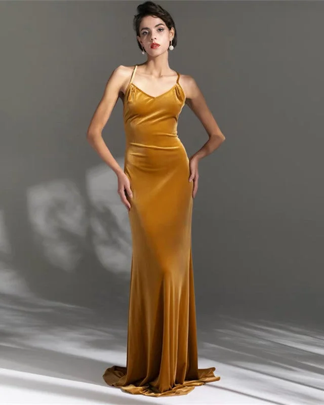 Deep Discounts Velvet Mermaid Open Back V Neck Evening Gowns