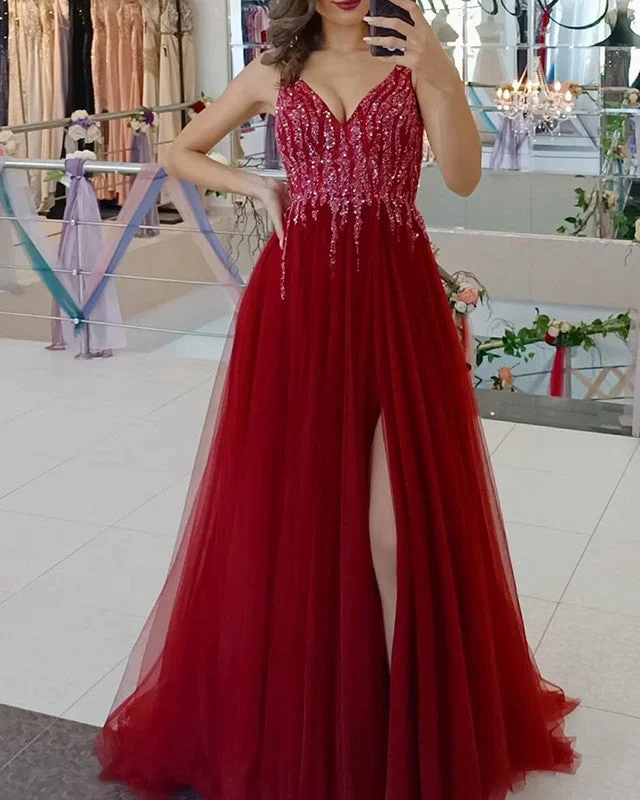 Exclusive Online Offer Tulle V Neck Prom Long Dresses Sequins Beaded Leg Split