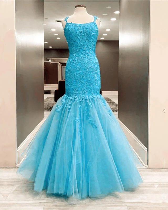 Price Slash Mermaid Ice Blue Prom Dresses Lace Embroidery