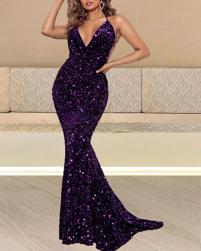 Final Sale Mermaid Purple Sequin Dress V-neck Cross Back