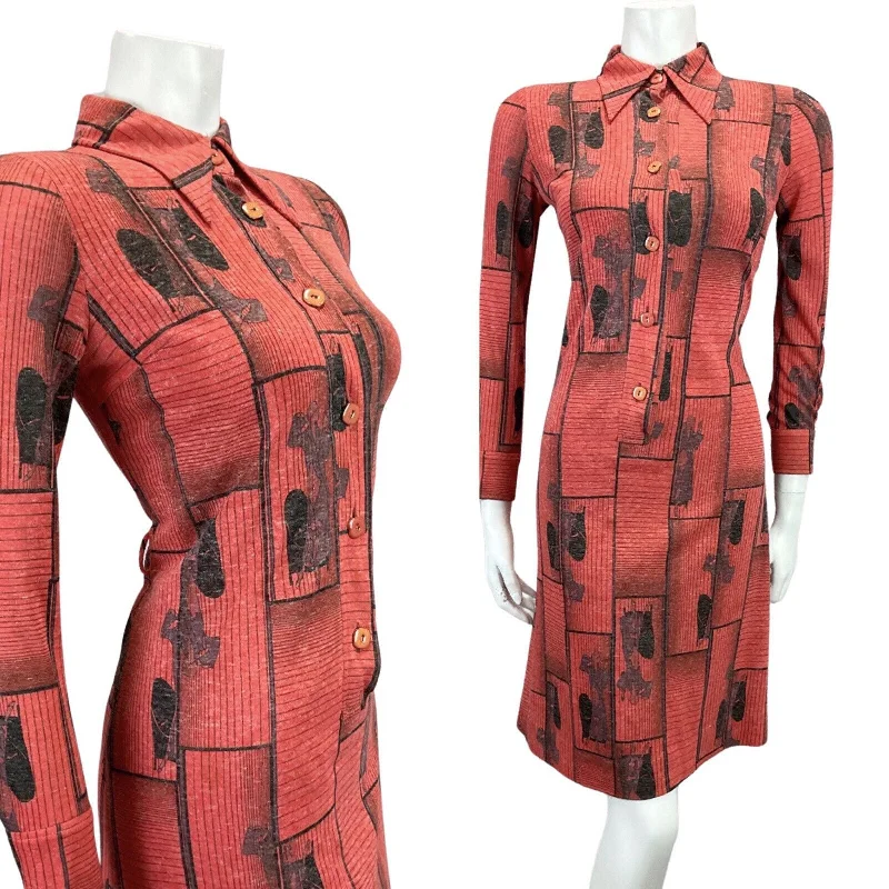 Warehouse Sale VINTAGE 60s 70s RED BLACK ART DECO PRINT DAGGAR COLLAR MOD MIDI DRESS 10 12