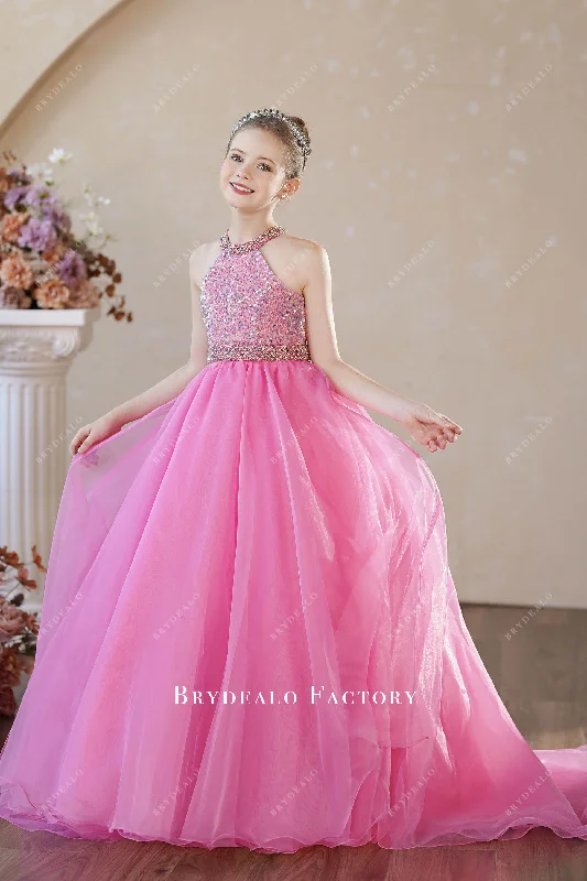 Today’s Deal Ready To Ship | Hot Pink Rhinestone Halter Neck Organza Kids Pageant Dress