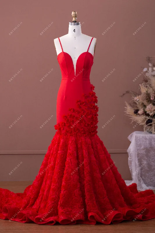 Best Seller Red Crepe 3D Rose Straps Mermaid Prom Dress