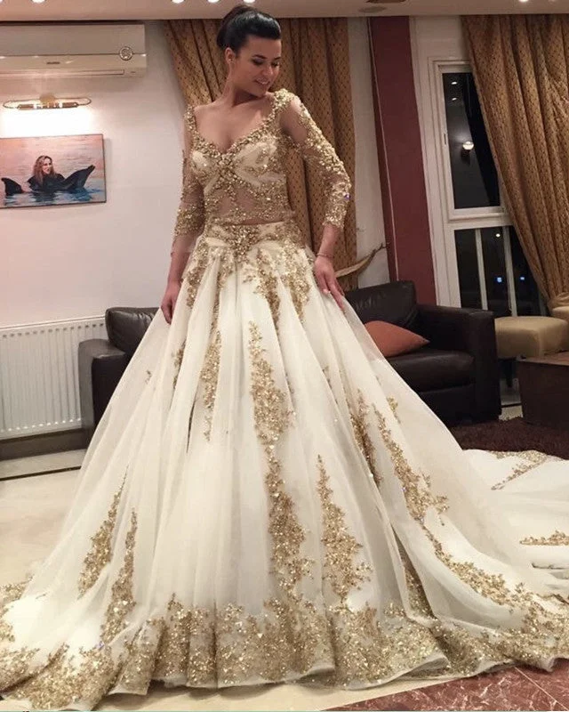 Value Deals Gold Lace Appliques Wedding Dress Two Piece Ball Gown