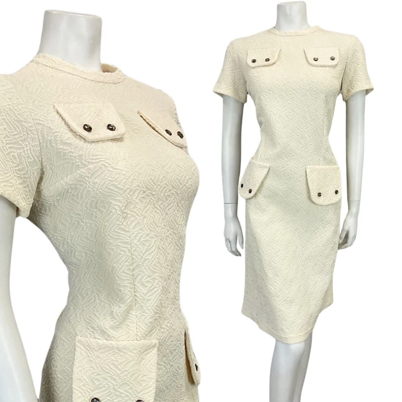 Price Buster VINTAGE 60s 70s CREAM OFF WHITE TEXTURED MOD MIDI OCCASION DRESS 12
