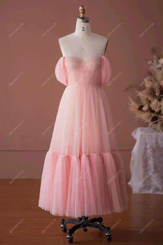 Super Savings Pink Tulle Off-shoulder Tea Length Formal Dress