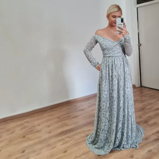 Stock Clearance Light Gray off the shoulder wrap wedding dress with pockets #1306