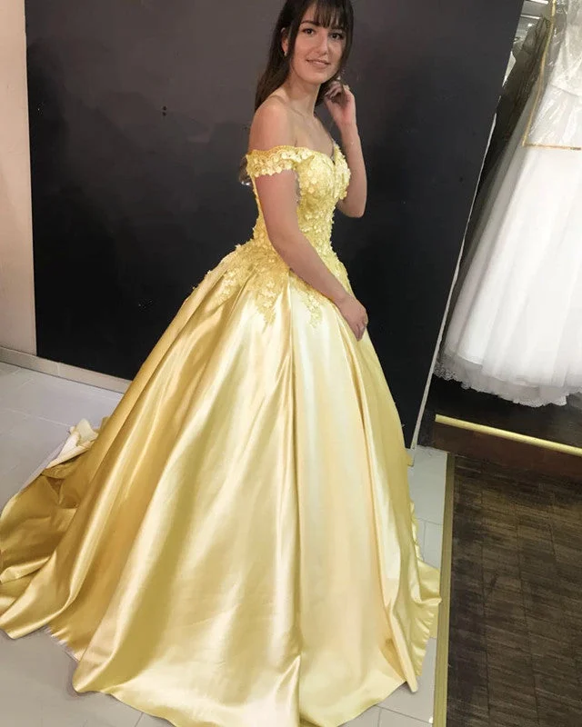 Deal Zone Ball Gown Satin Dresses 3D Flowers Off Shoulder