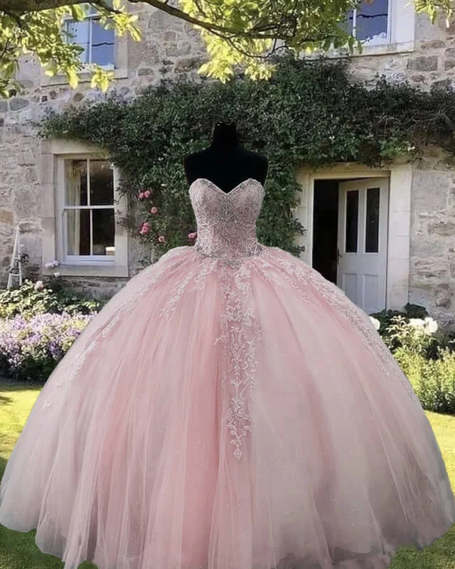 Limited Quantity Tulle Strapless Appliques Beaded Ball Gown Dress