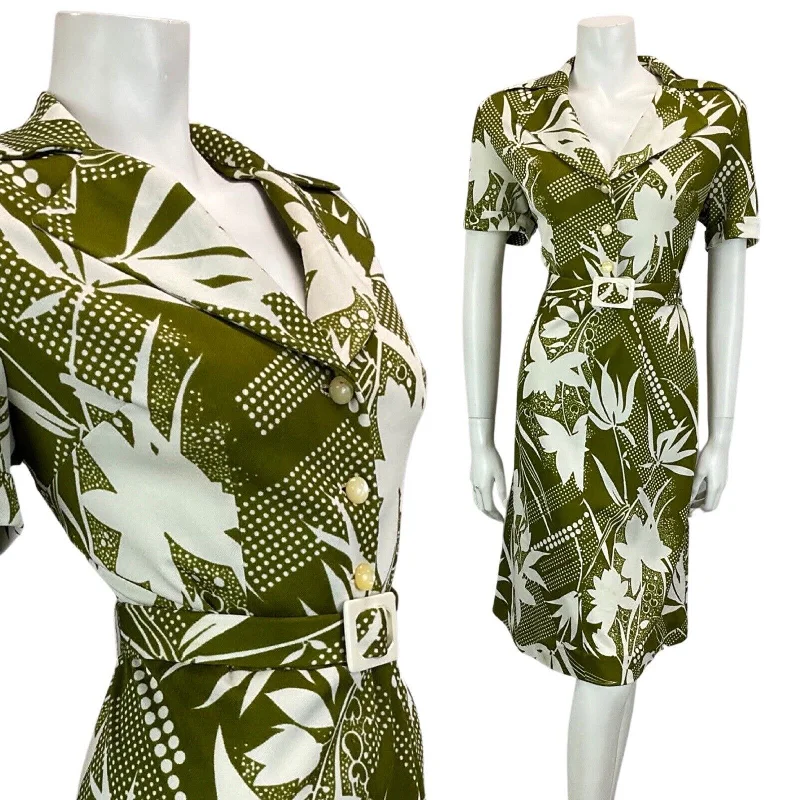 Discount Mania VINTAGE 60S 70S WHITE KHAKI GREEN FLORAL ABSTRACT PRINT BELTED MIDI DRESS 12 14