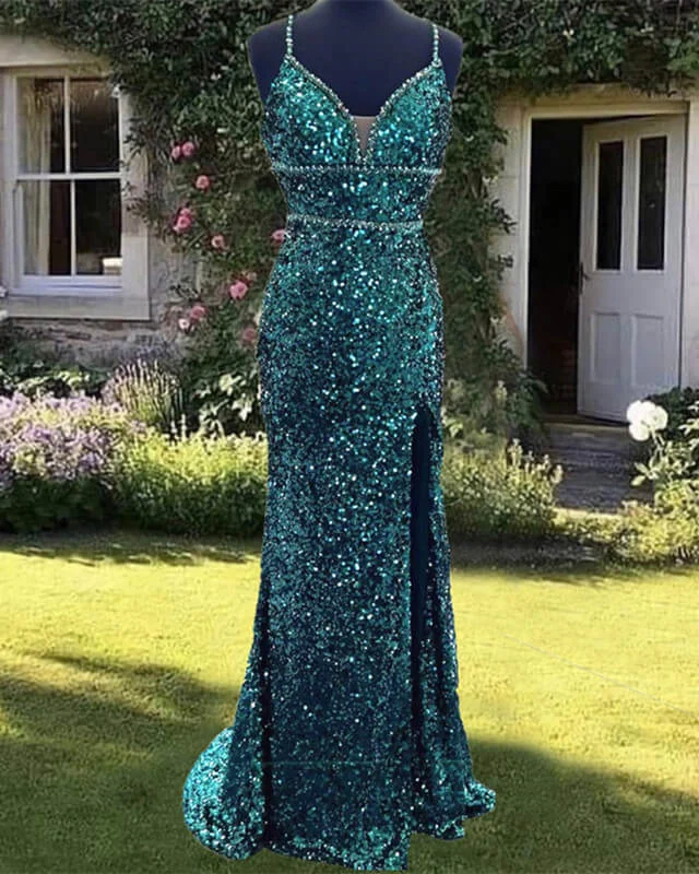 Clearance Sale Mermaid Emerald Green Sequin V-neck Dress